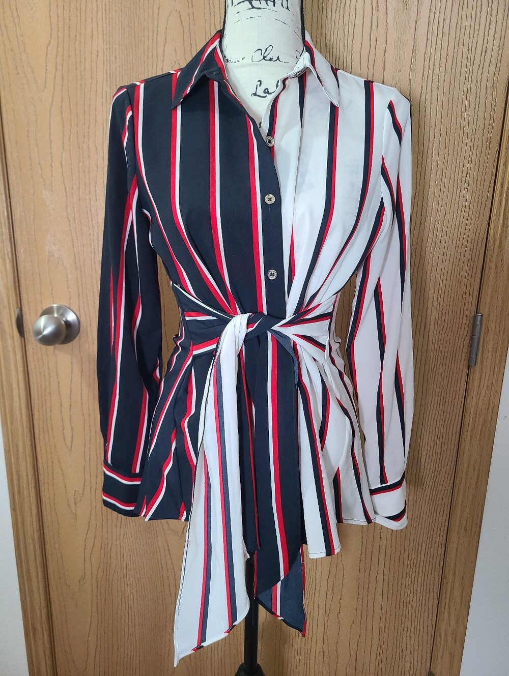 Tommy Hilfiger Colorblock Asymmetrical Striped Tie Front Button Down Shirt - Picture 2 of 4